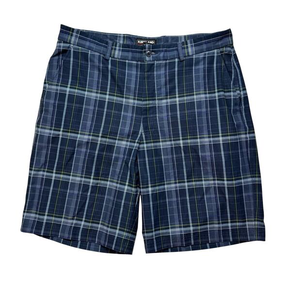 KIRKLAND SIGNATURE Tech Plaid Lightweight Shorts Size 36 Mens Blue Green Golf - Picture 1 of 6